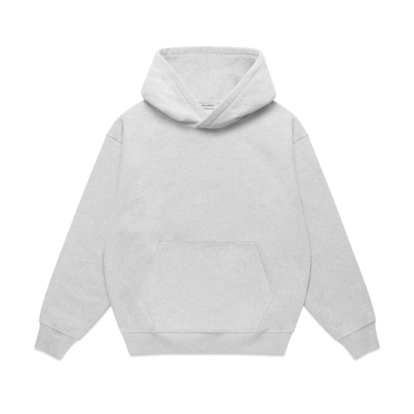A heather grey hoodie featuring a front kangaroo pocket ribbed cuffs and hem with a subtle 'RIVACY' neck label and 'Primacy' embroidered script on the hood